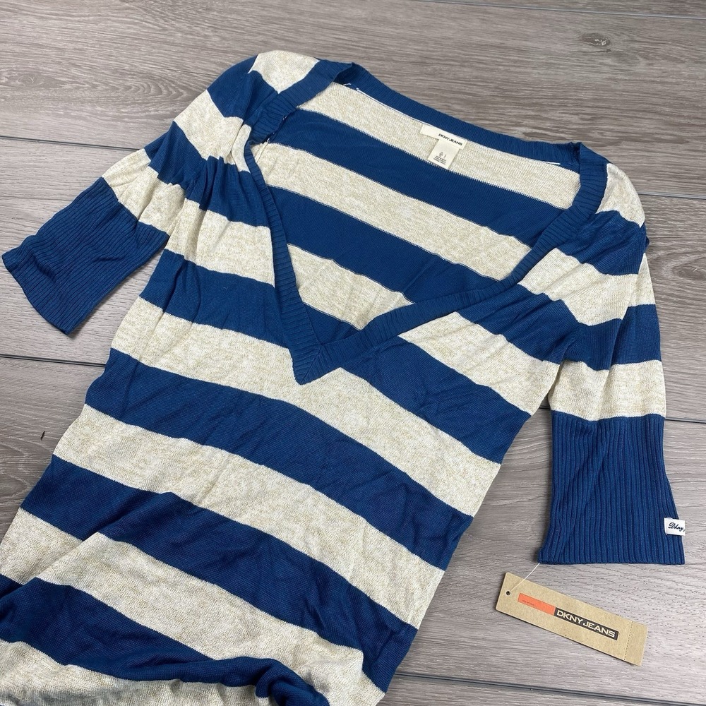 DKNY Jeans Juniors Low V‎ Neck Tunic Sweater Blue White Gold Large New